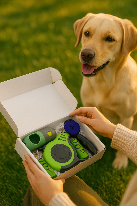Pack de Paseo para Mascotas | Correa Retráctil, Porta bolsa con Linterna LED, Bolsas Biodegradables, porta bolsa excremento.