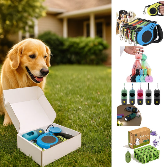 Pack de Paseo para Mascotas | Correa Retráctil, Porta bolsa con Linterna LED, Bolsas Biodegradables, porta bolsa excremento.